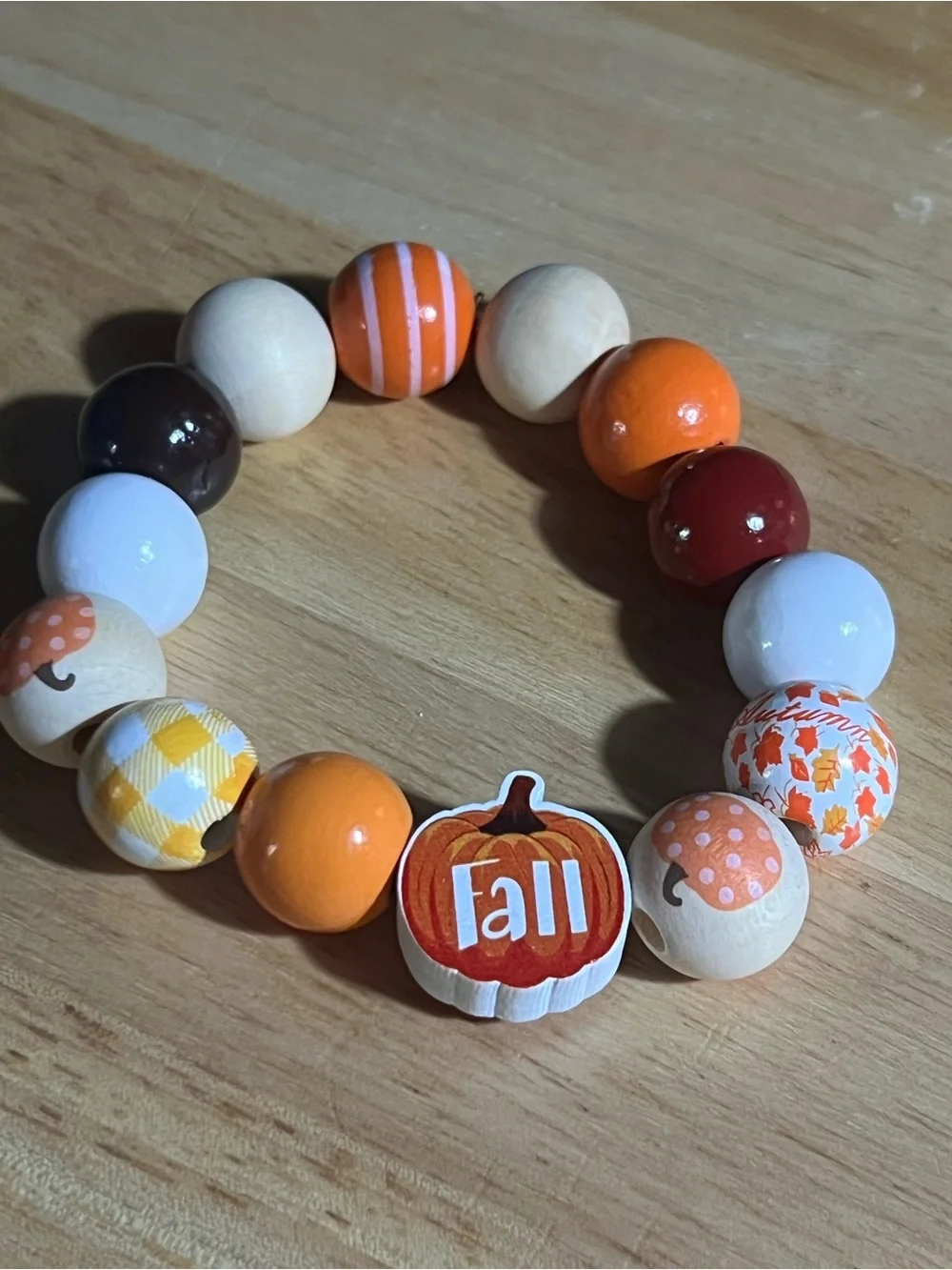 Kids Fall Beaded Stretch Bracelet - Orange, White, Brown B256